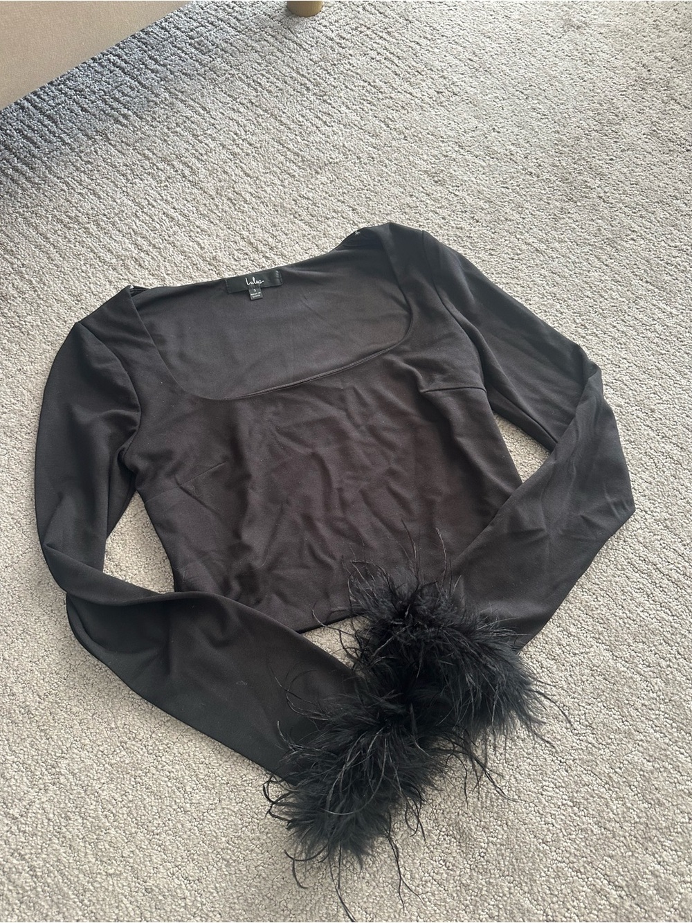 Lulu's Black Long-Sleeve Top with Feather Cuffs